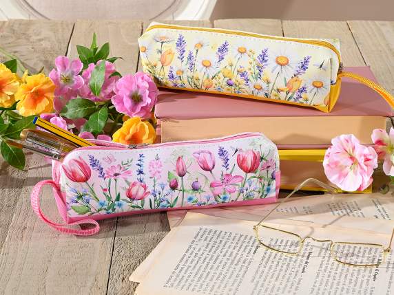 Estuche de tela con estampado floral, cremallera y cordón