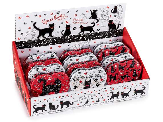 Espejo bolso doble forma de corazón con gatos y pedrería