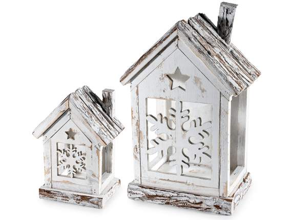Juego de 2 faroles blancos madera natural con decoraciones