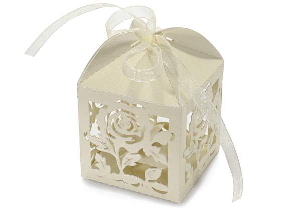 Cream glitter paper and flower carving favor box