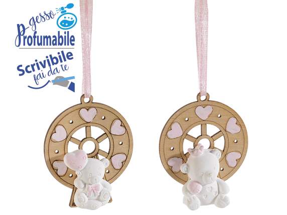 Decoración de madera con osito de yeso nacimiento niña