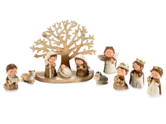 Ensemble de 10 figurines de crèche en résine avec arbre