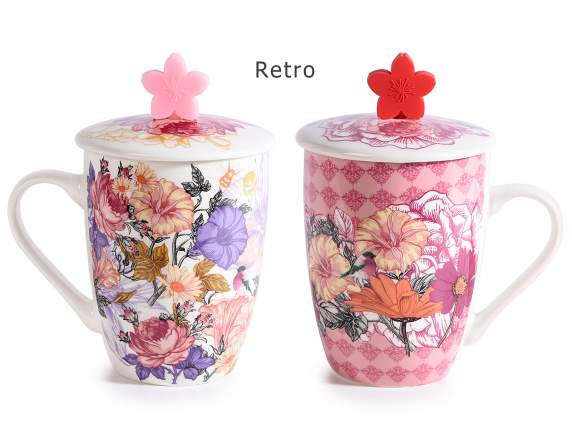 Taza de porcelana Foulard con tapa y flor