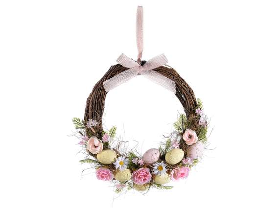 Garland with colored eggs, fabric flowers and bow to hang