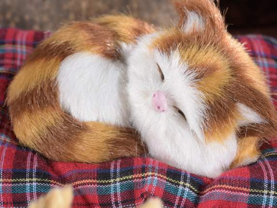 Gatto decorativo in finto pelo addormentato sul cuscino