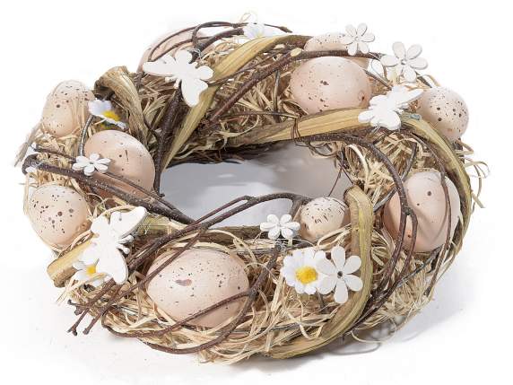 Ghirlanda con uova, margherite e paglia