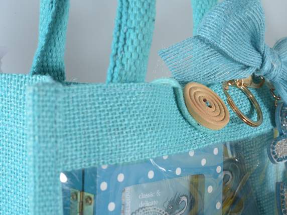 Jute bag with window, handles and button closure