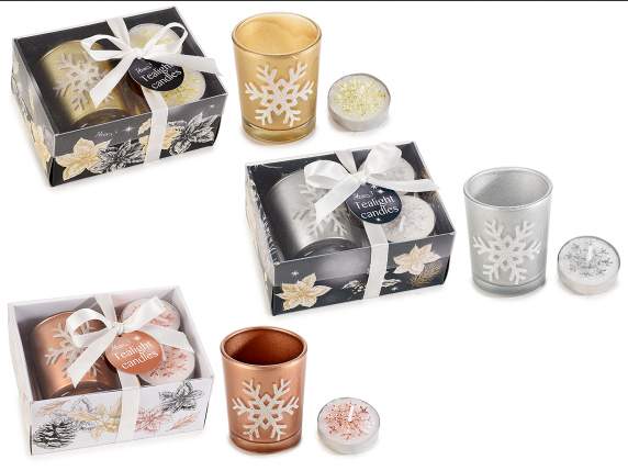 Gift box with glass candle holder and 2 decorated tealights