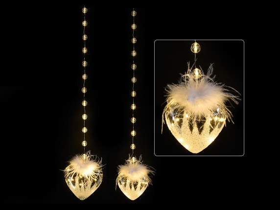 Set of 2 decorated glass hearts w - LED lights and feathers