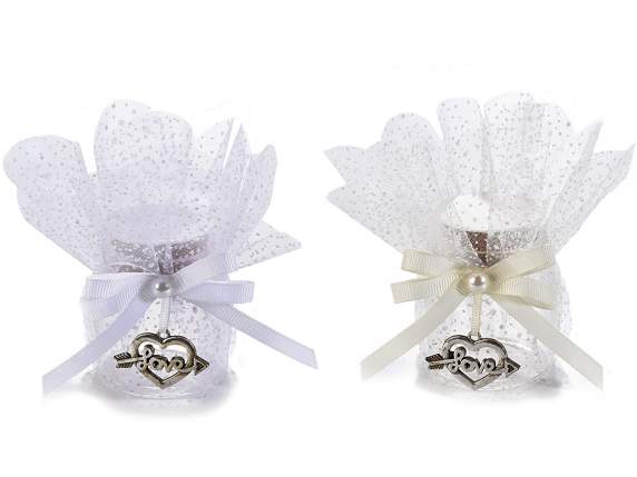 Glass jar with tulle, bow and heart Love pendant
