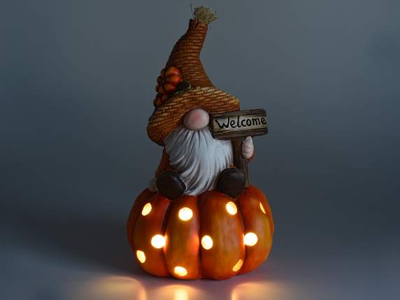 Gnomo de magnesia sobre calabaza con escritura y luces LED.