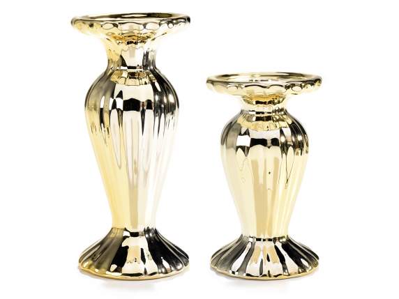 Set of 2 golden ceramic candle holders to stand on