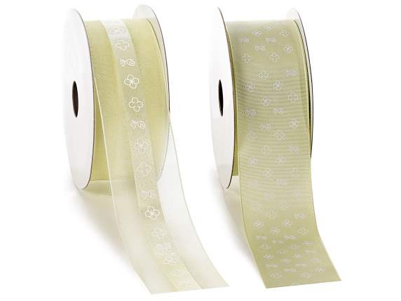 Ruban organza-satin vert 38mm avec petites fleurs