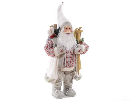 Babbo Natale con abito maglia, sci legno, sacco porta doni
