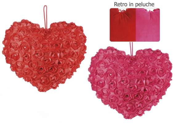 Cuscino cuore con rose stoffa e retro peluche da appendere