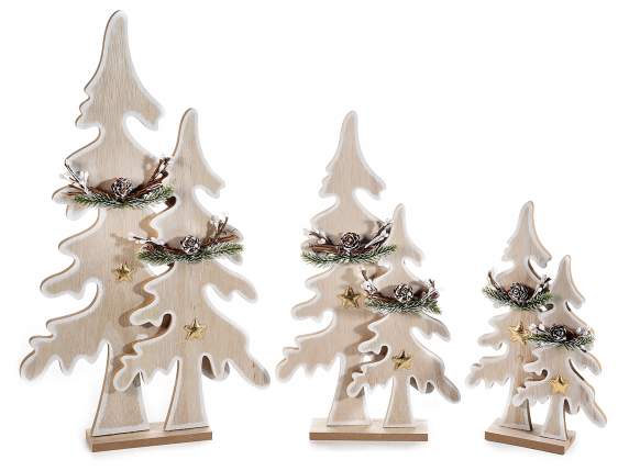 Set 3 alberi di Natale in legno con stelle dorate e pigne