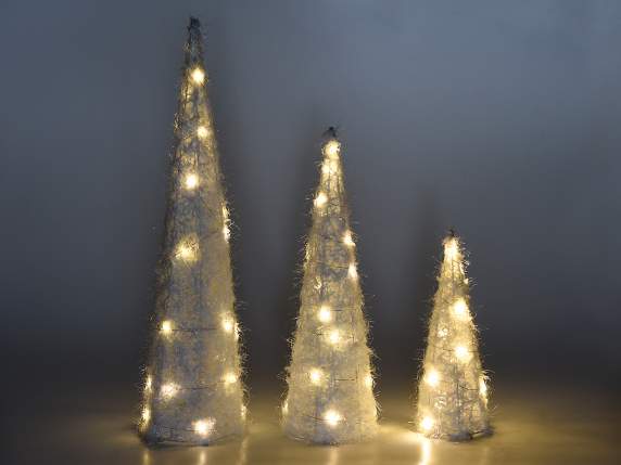 Set 3 alberi di Natale in metallo effetto innevato c-luci