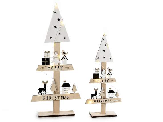 Set 2 alberi di Natale in legno con decorazioni e luci led