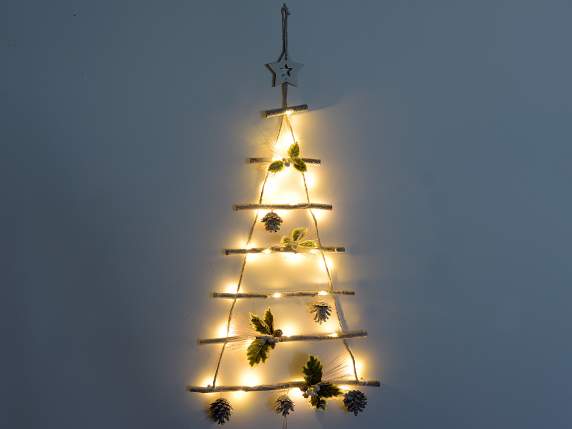 Albero Natale legno decori  innevati e luci LED da appendere