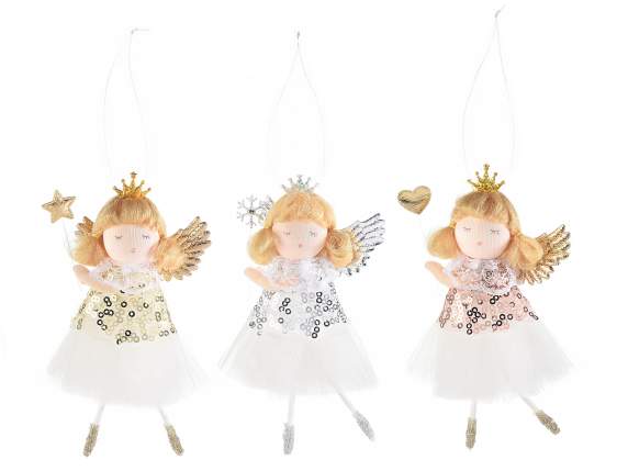 Angelo con abito in tulle e paillettes da appendere