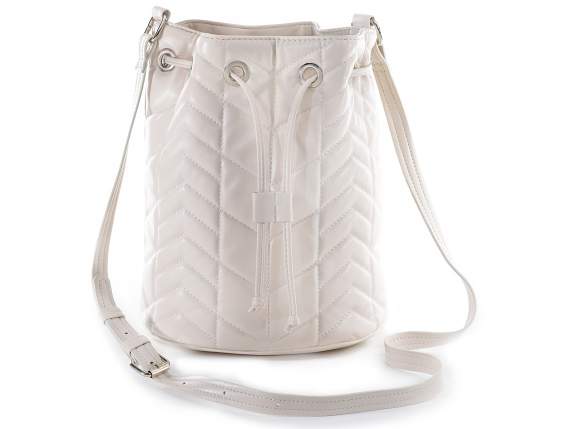 Borsa secchiello bianca similpelle trapuntata c-tracolla