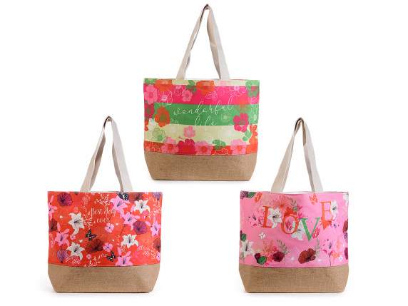 Borsa mare in tessuto con base in juta stampa Giga flowers