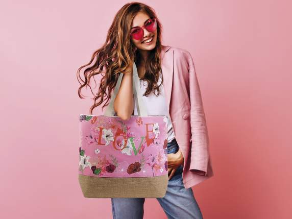 Borsa mare in tessuto con base in juta stampa Giga flowers
