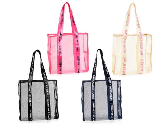 Borsa shopper a rete in poliestere con stampa su manico
