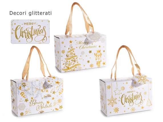 Scatola in carta c-manici in raso, decori in glitter e tag