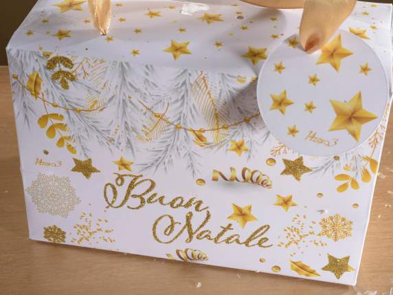 Scatola in carta c-manici in raso, decori in glitter e tag