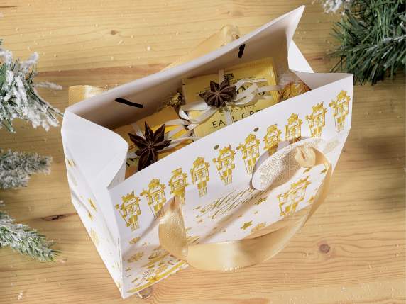 Scatola in carta c-manici in raso, decori in glitter e tag