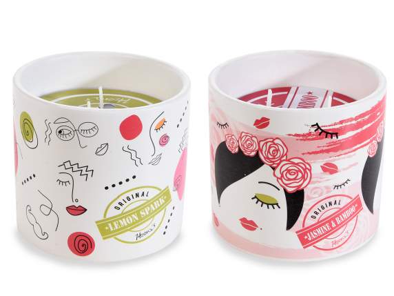 Candela profumata doppia fiamma in vaso di ceramica decorato