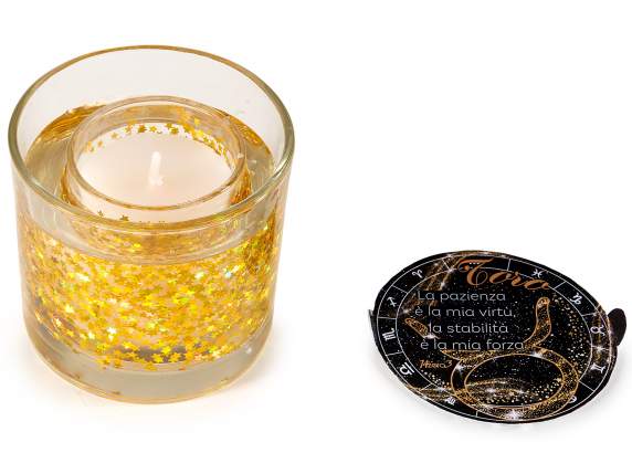 Candela gel profumata con glitter in vasetto vetro oroscopo