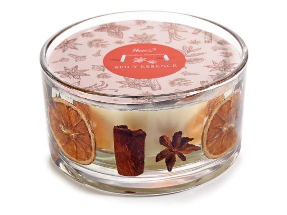 Candela profumata in vaso di vetro con gel e decori speziati