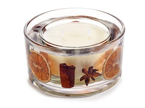Candela profumata in vaso di vetro con gel e decori speziati