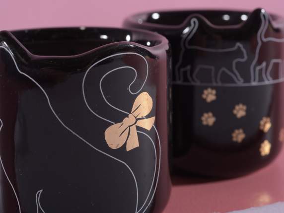 Candela in vasetto ceramica con gatto e dettagli oro vero
