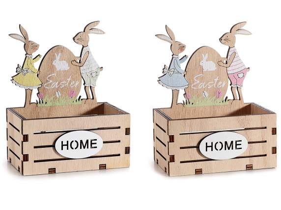 Cestino legno a staccionata con coniglietti e scritta Home