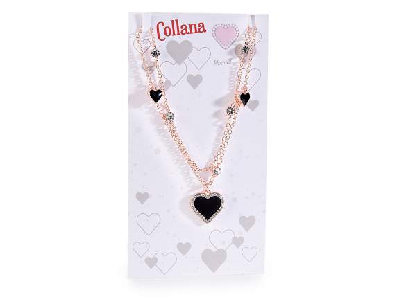 Collana metallo con cuori laccati e strass in card ed espo