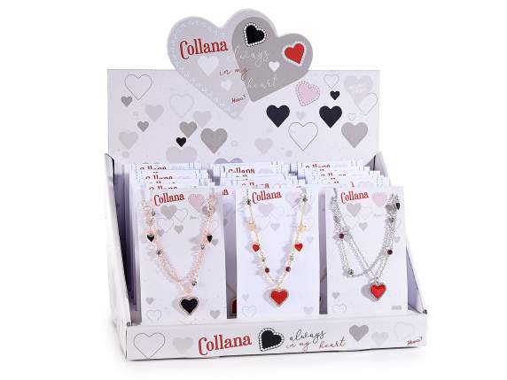 Collana metallo con cuori laccati e strass in card ed espo