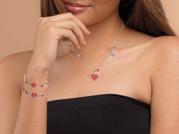 Collana metallo con cuori laccati e strass in card ed espo