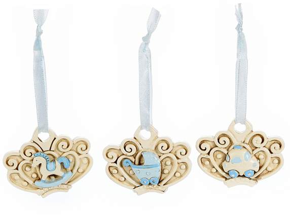 Decorazione Battesimo resina azzurra da appendere