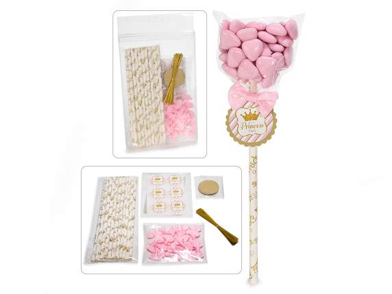 Conf. 18 kit bomboniera con stick, tag e fiocco rosa