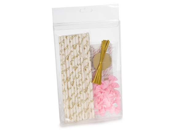 Conf. 18 kit bomboniera con stick, tag e fiocco rosa