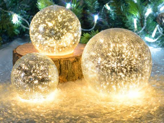 Set 3 lampade a sfera argento, luce led bianco caldo e timer