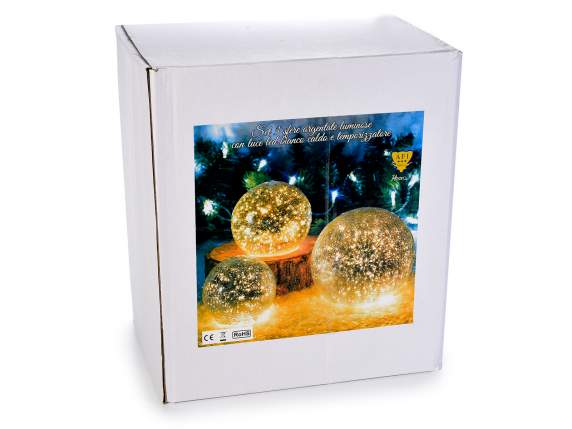Set 3 lampade a sfera argento, luce led bianco caldo e timer