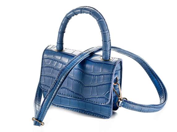 Mini bag a mano in similpelle azzurra effetto coccodrillo