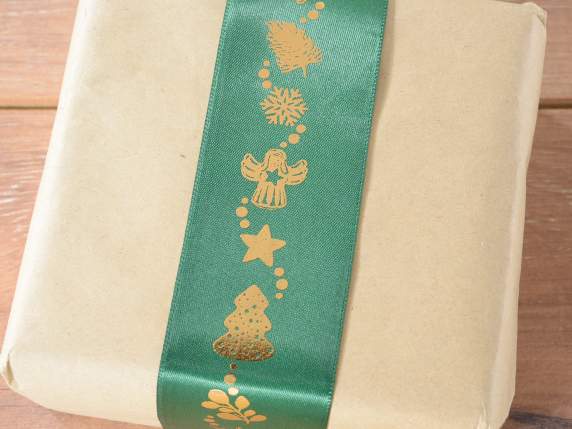Nastro in raso 38mm con stampa natalizia simil oro lucido