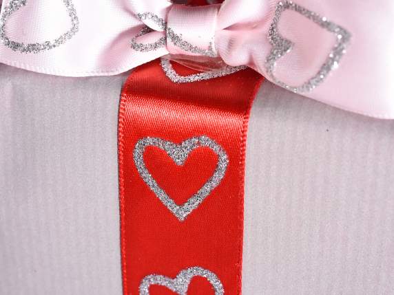 Nastro in raso 25mm con cuori glitterati argento