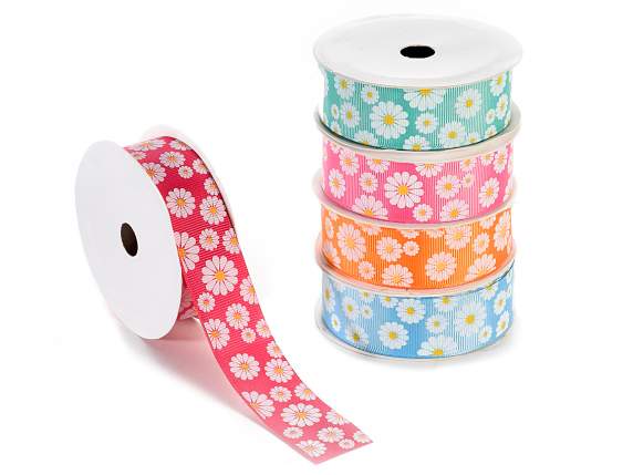 Nastro in tessuto grosgrain con stampa a margherite bianche