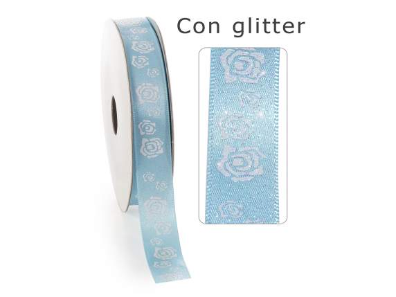 Nastro in raso azzurro con rose glitterate